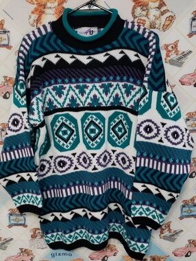 Vintage  Cut 4 U Geometric Knit Sweater Teal, Purple & White OS